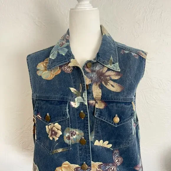 VTG Women's M All Over Butterfly Floral Print Festival Denim Vest Made in USA - Picture 2 of 10